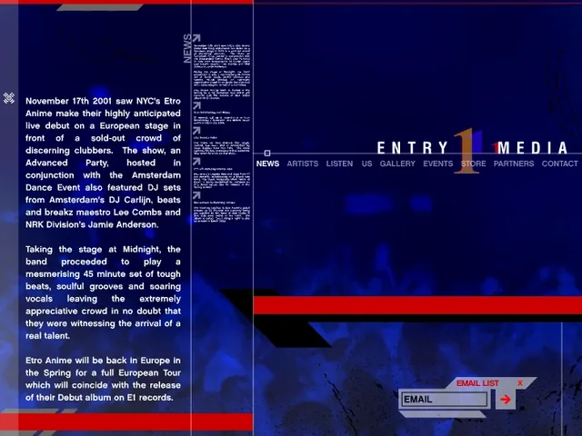 News: the story of Etro Anime’s live European debut on November 17, 2001, at an Advanced Party during the Amsterdam Dance Event, beside a narrow column of more headlines in tiny type