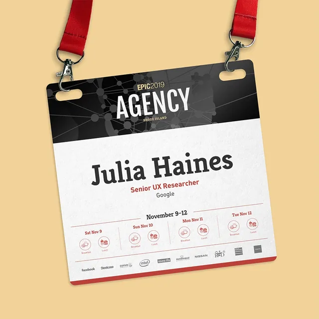 A mockup of the EPIC2019 event pass on a red lanyard: EPIC2019 and AGENCY, Rhode Island over a dark network of dots, an attendee’s name, title and company, November 9–12 with breakfast and lunch icons for each day, and a row of sponsors’ logos