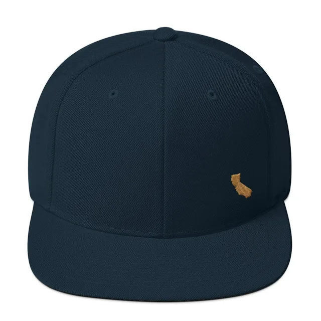 The same dark navy snapback with the outline of California embroidered in old-gold thread