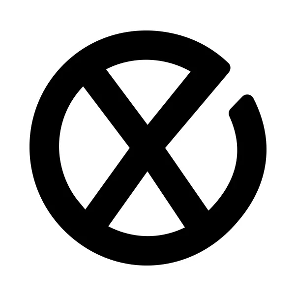 The round mark: a thick black ring, open at the upper right like an e, with a bold X inside