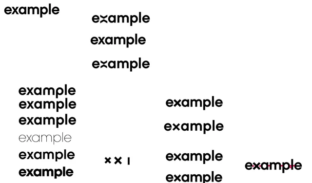 Early wordmark studies: example set again and again in different weights and widths, some with an x made of two chevrons, one in thin type, one crossed by a dotted red line