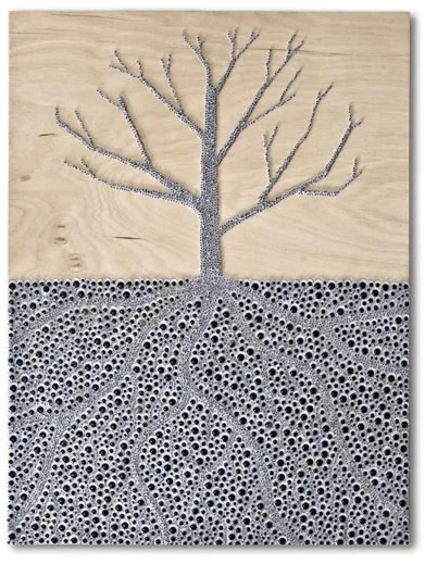 A bare tree above ground and its roots below, all drawn in googly eyes on wood