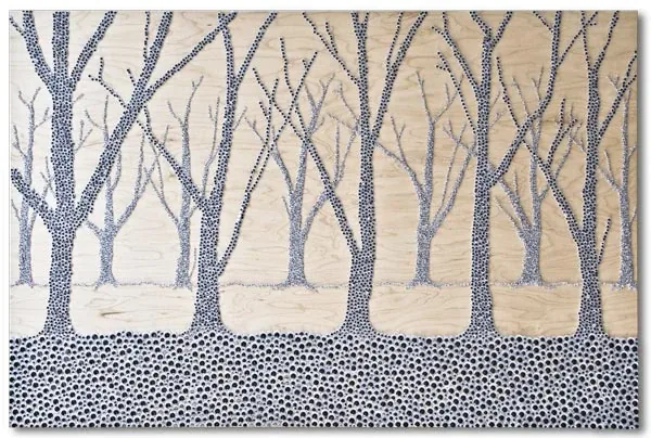 A wide panel of a winter forest, every trunk and branch made of googly eyes