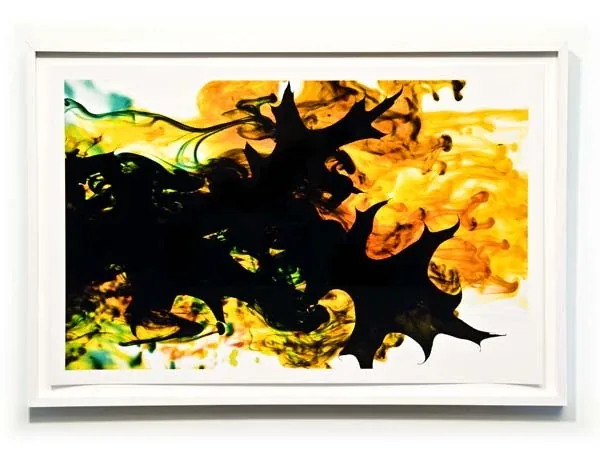 A black starburst over yellow and orange, in a white frame