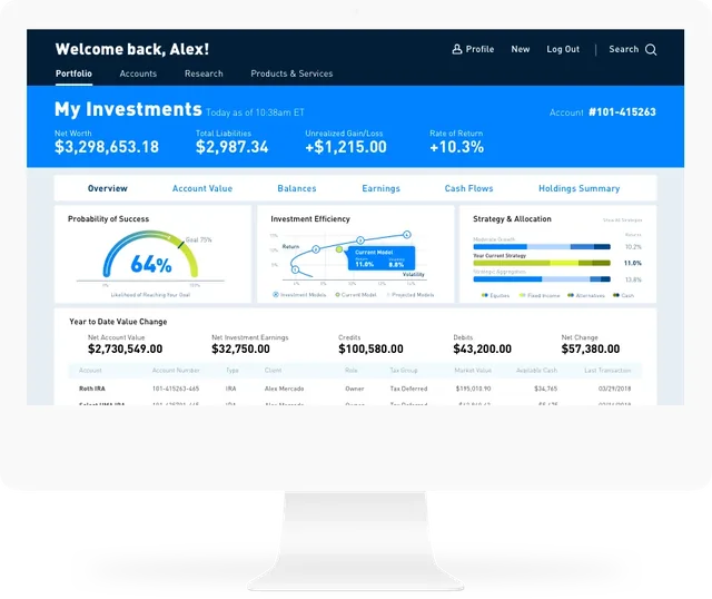 The overview screen: an investor’s net worth and returns, the probability of reaching a goal, and strategy and allocation
