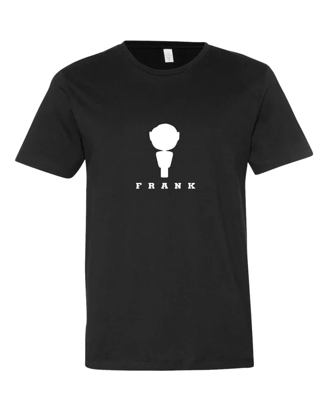 A black T-shirt with a small white silhouette of Frank’s big round head on the chest, above FRANK in spaced capitals