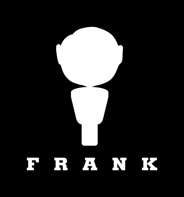 The print file: a white silhouette of a big round head with small ears on a short neck and collar, above FRANK in spaced white slab-serif capitals, on black