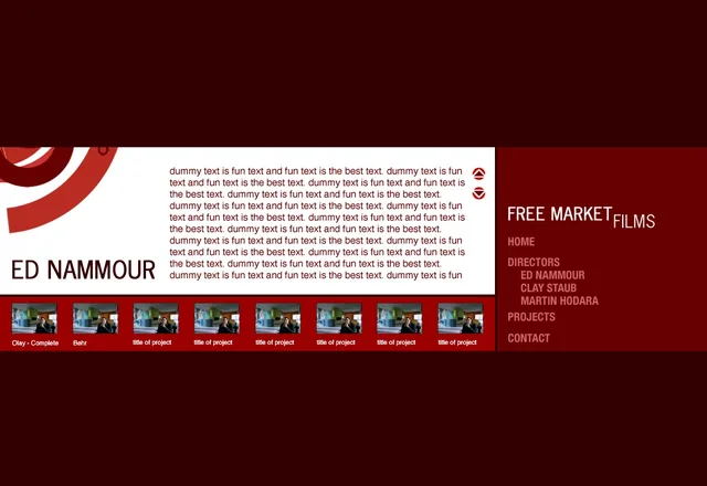 An early comp: a white panel with red rings and ED NAMMOUR over placeholder text, a strip of spot thumbnails below and the Free Market Films menu at the right, on dark red