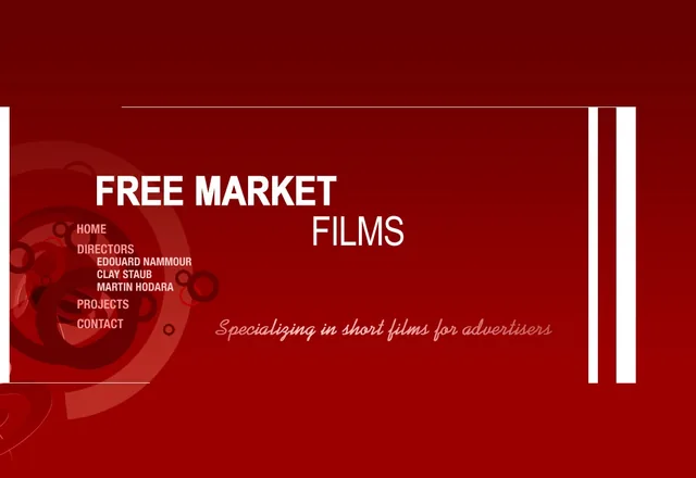 The front page comp: FREE MARKET FILMS in white over red rings, the menu with the three directors’ names, and Specializing in short films for advertisers in a pale script