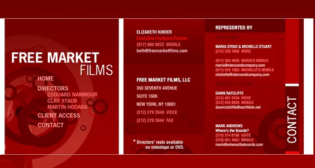 The contact page: Elizabeth Kinder, executive producer and partner, with her mobile number and email; Free Market Films, LLC, 350 Seventh Avenue, Suite 1600, New York, with phone and fax; and the reps for the East Coast, the Midwest and Detroit, and the West Coast and Texas, with their numbers and emails, beside CONTACT set sideways
