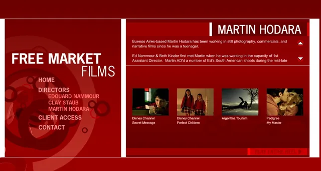 Martin Hodara’s page: his bio (Buenos Aires-based, working in still photography, commercials and narrative films since he was a teenager) above four stills, from two Disney Channel spots, Argentina Tourism and Pedigree
