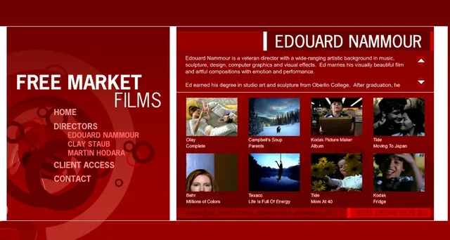Edouard Nammour’s page: the Free Market Films name and menu at the left; at the right his name, the start of his bio in a scrolling box (a veteran director with a wide-ranging artistic background in music, sculpture, design, computer graphics and visual effects) and eight stills from his commercials for Olay, Campbell’s Soup, Kodak, Tide, Behr and Texaco, with Play Entire Reel