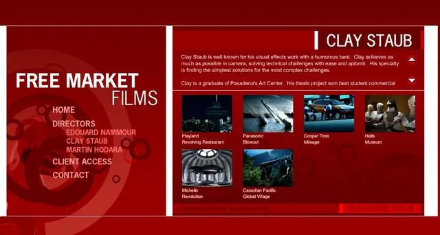 Clay Staub’s page: his bio (well known for his visual effects work with a humorous bent) above six stills from his spots for Playland, Panasonic, Cooper Tires, Halls, Michelin and Canadian Pacific