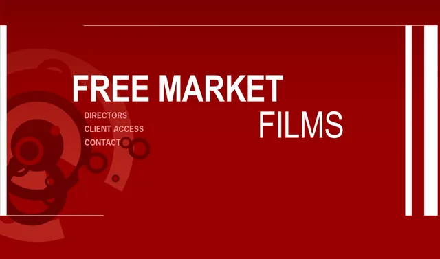 The Flash front page: FREE MARKET in large white capitals with FILMS set lower and to the right, beside a menu of Directors, Client Access and Contact, over dark red rings and circles on red, between thin white rules and two white bars at the right