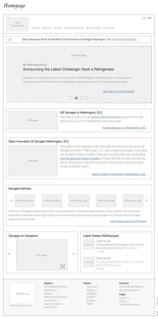 Wireframe of the GE Garages homepage: the navigation with English and Chinese, an alert about a workshop in Washington, D.C., a hero slide announcing an Open Innovation challenge, Hack a Refrigerator, the Washington, D.C. stop and its Open Innovation event, partners, Instagram and tweets, and the footer