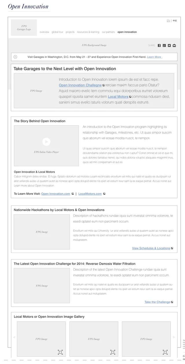 Wireframe of the Open Innovation page: Take Garages to the Next Level with Open Innovation, its story, hackathons, the latest challenge and a gallery