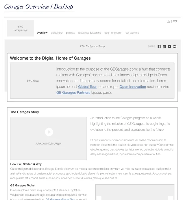 The top of the overview wireframe on a desktop: Welcome to the Digital Home of Garages, an introduction, and The Garages Story with a video player beside it