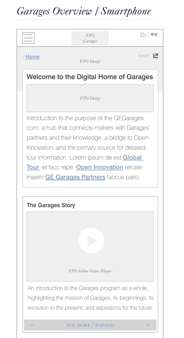 The same page on a phone, with a menu button, a link back to Home and a see more button under each section