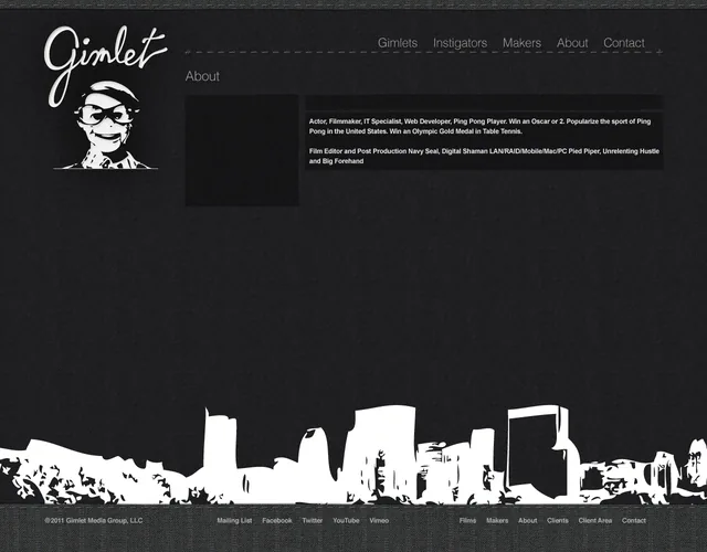 The About page comp: a short text panel on dark pinstripes above a white silhouette of a city skyline