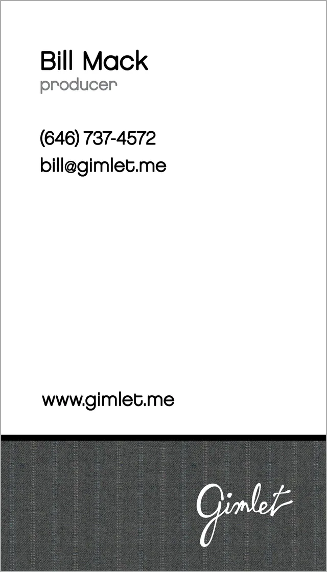 The back of the card: a producer’s name and contact details, www.gimlet.me, and a band of gray pinstripe with Gimlet in white script
