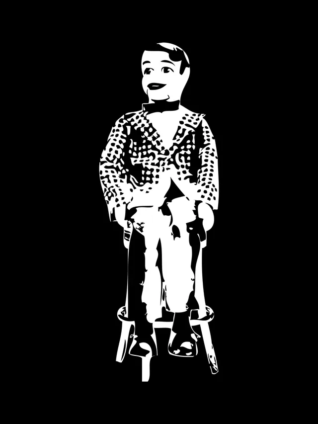A white illustration of a ventriloquist’s dummy in a checked jacket, sitting on a stool, on black
