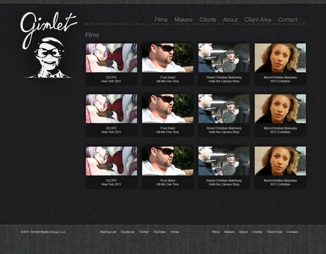 The Films page comp: a grid of film thumbnails with their titles, under a menu of Films, Makers, Clients, About, Client Area and Contact