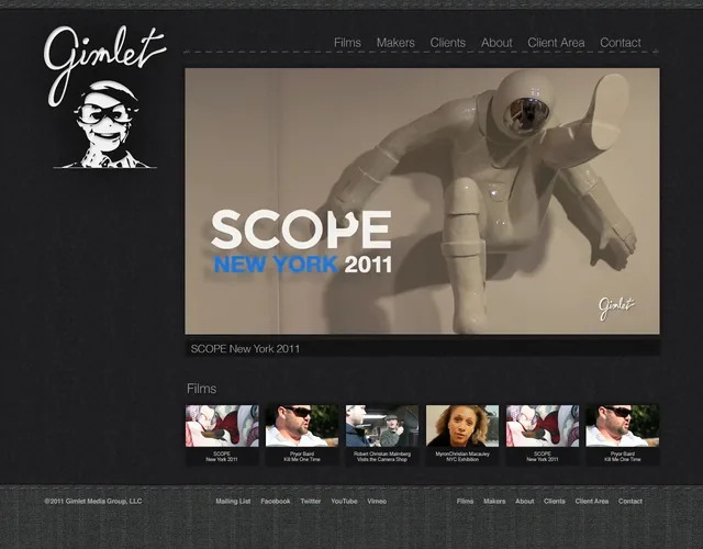 The Gimlet homepage comp: the Gimlet script above the white face of a grinning ventriloquist’s dummy at top left, a large video still of a white astronaut sculpture titled SCOPE New York 2011, and a row of film thumbnails, all on dark pinstripes