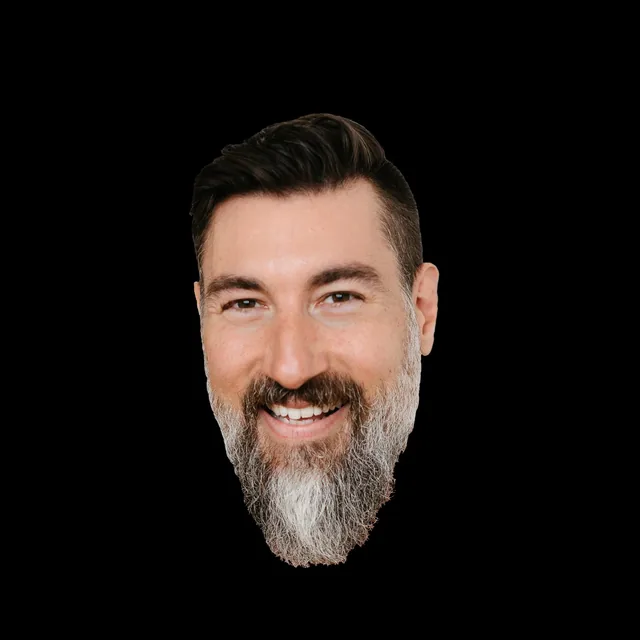 The same cut-out of Graham’s smiling head on a black square
