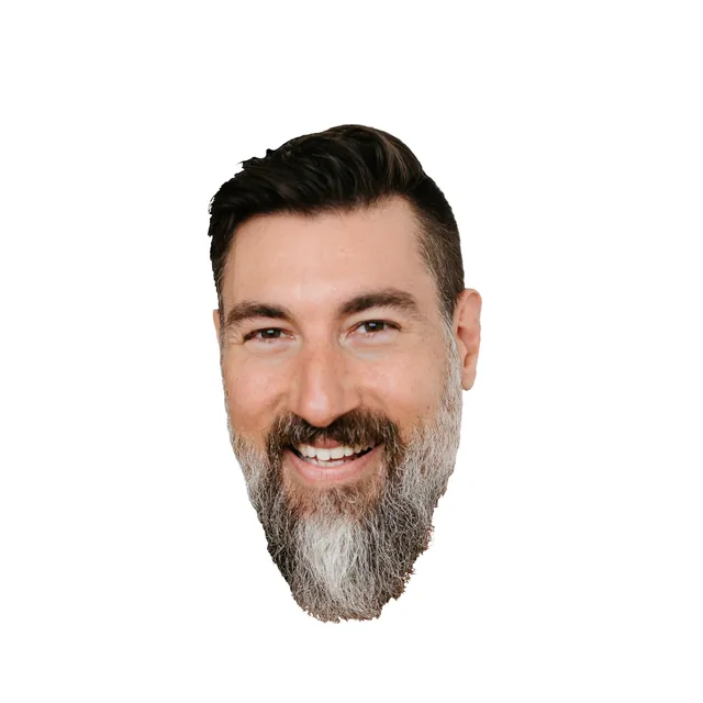 The same cut-out of Graham’s smiling head on a white square
