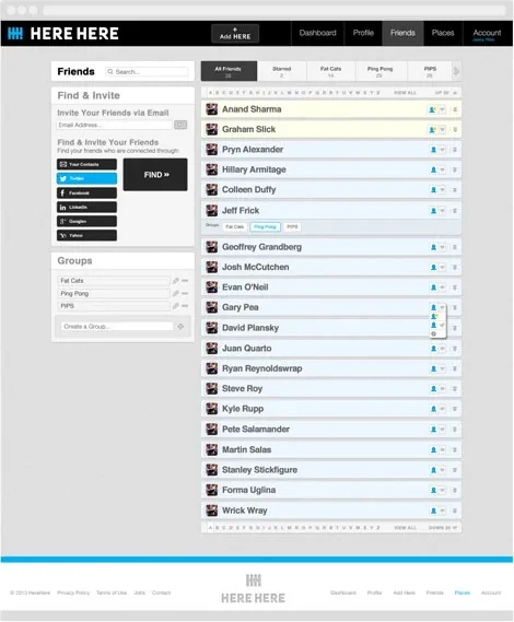 The friends page: find and invite friends, and groups