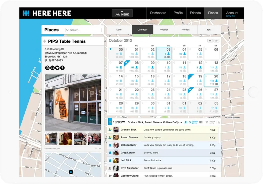 Here Here on a tablet: a map of places, a calendar for October 2013 and a list of friends’ plans