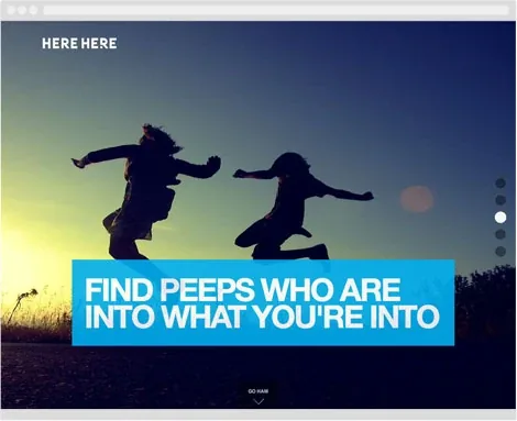 The beta teaser: “Find peeps who are into what you’re into” over two people jumping at sunset