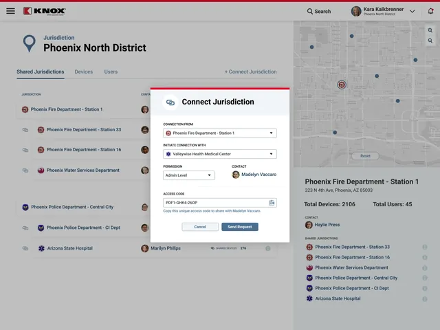 The Phoenix North District jurisdiction with the Connect Jurisdiction dialog open: a connection from Phoenix Fire Department Station 1 to Valleywise Health Medical Center, with admin permission, a contact and a unique access code