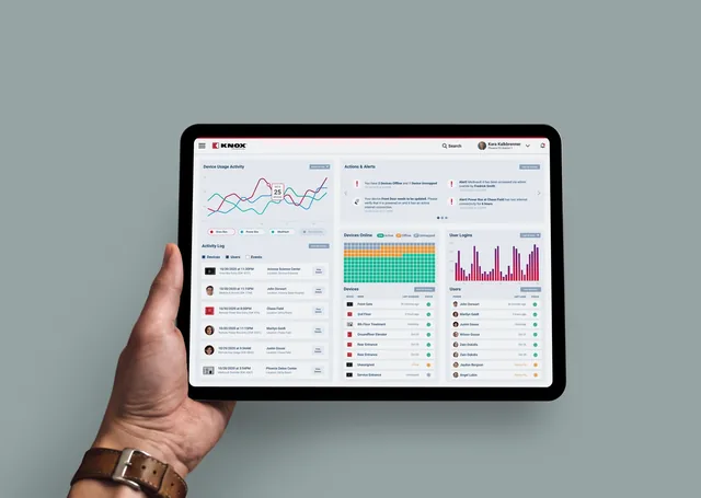 A hand holds a tablet showing the Knox dashboard: a line chart of device usage, actions and alerts, an activity log, a grid of devices online, a bar chart of user logins, and lists of devices and users