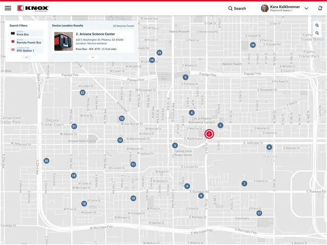 The device map: search filters for Knox Box, Remote Power Box and PFD Station 1, a result card for the Knox Box at the Arizona Science Center, and numbered devices on a gray street map of Phoenix
