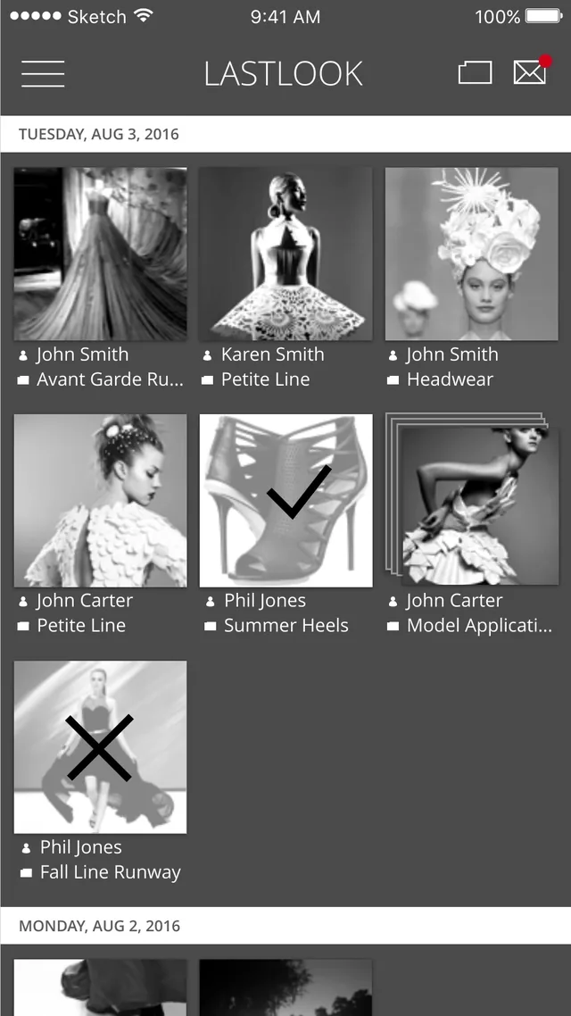 Wireframe of the LastLook newsfeed: photos sent for approval on August 3, 2016, in a grid, each labeled with its sender and project, one checked as approved and one crossed out as declined