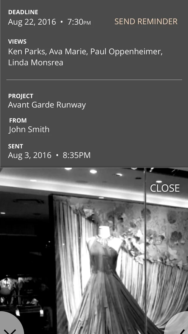 Wireframe of a photo’s details, revealed by swiping up: its deadline with a Send Reminder link, who has viewed it, the project, the sender and when it was sent