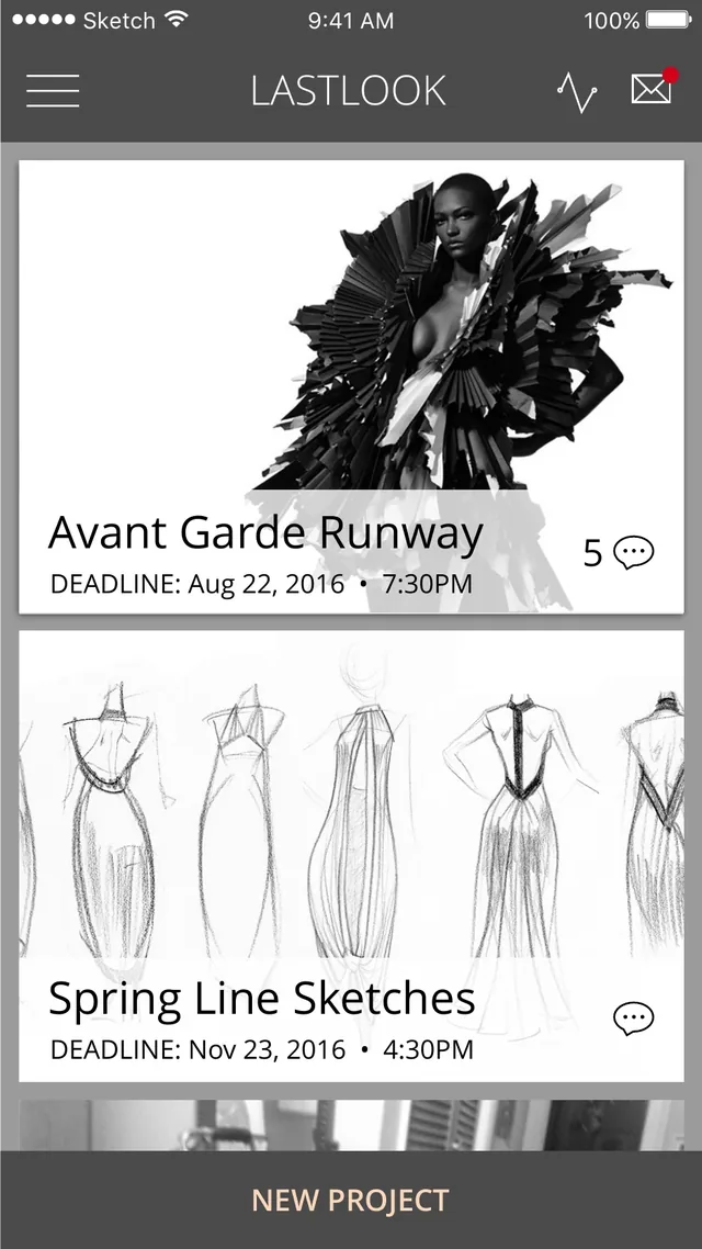 Wireframe of the projects on the profile page: Avant Garde Runway and Spring Line Sketches, each with a cover picture, its deadline and comments, above a New Project button