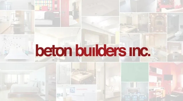 The beton builders inc. logo in dark red over a collage of renovated rooms