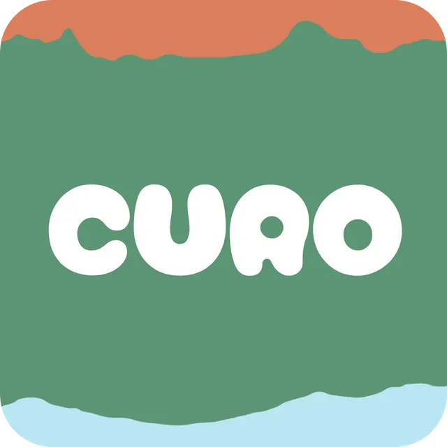 The Curo logo: CURO in fat, rounded white letters on green, between a wavy terracotta top and a pale blue bottom