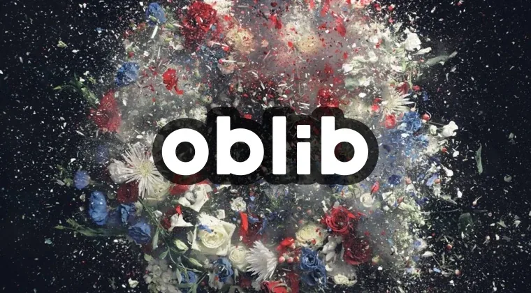 The oblib logo in bold white lowercase over an explosion of flowers and shards