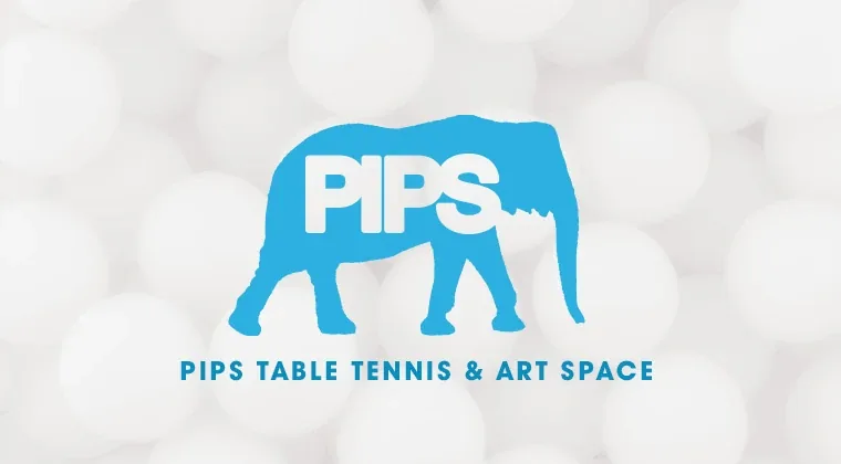 The PIPS logo: a blue elephant with PIPS on its side, above the words PIPS Table Tennis & Art Space, on a field of ping pong balls
