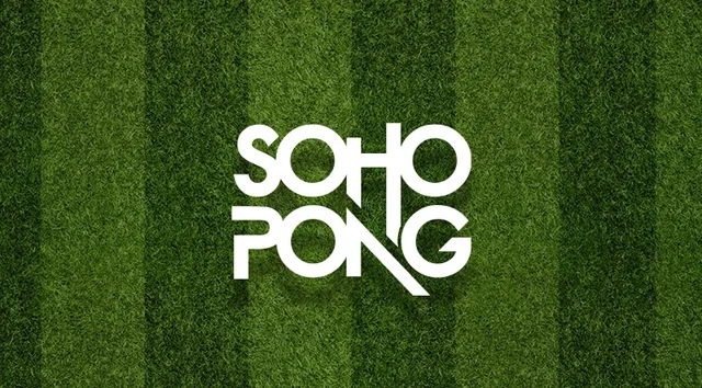 The Soho Pong logo in white letters on striped green turf