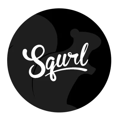 The Squrl logo: Squrl in white brush script over a dark gray squirrel silhouette inside a black circle