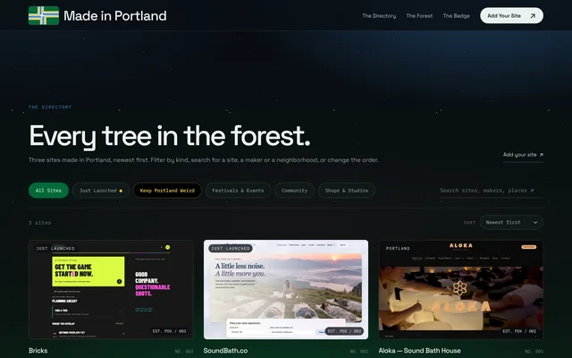 The Made in Portland directory: “Every tree in the forest.” with filters and cards for Bricks, SoundBath.co and Aloka