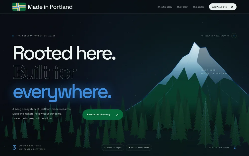 The Made in Portland homepage: “Rooted here. Built for everywhere.” beside a snowy peak over a forest of pines