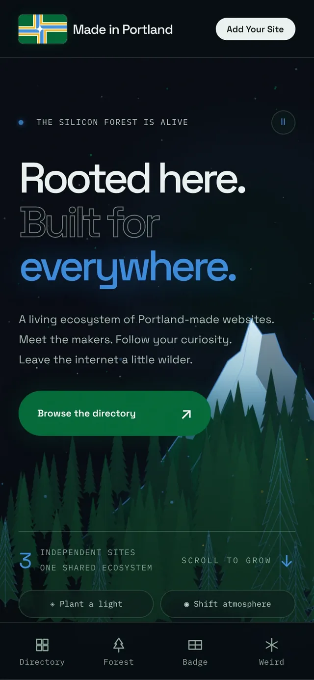 Made in Portland on a phone: the headline over the forest