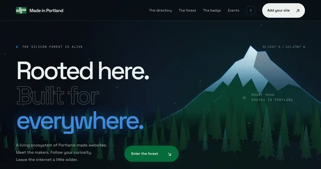 The Made in Portland share card: “Rooted here. Built for everywhere.” beside a mountain and pines