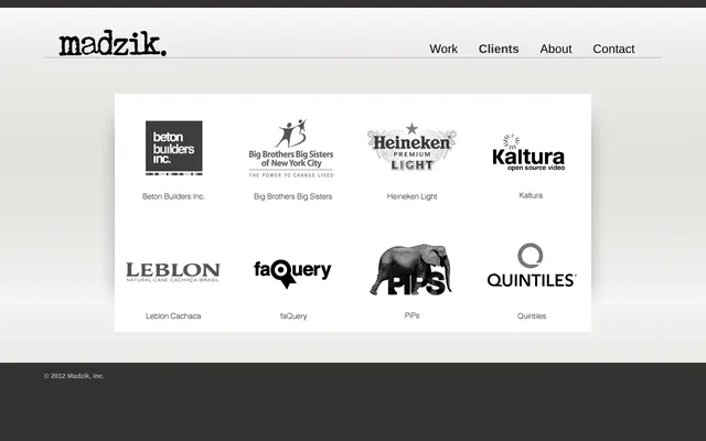 The Clients page: black and white logos of Beton Builders, Big Brothers Big Sisters of New York City, Heineken Light, Kaltura, Leblon Cachaça, faQuery, PIPS and Quintiles