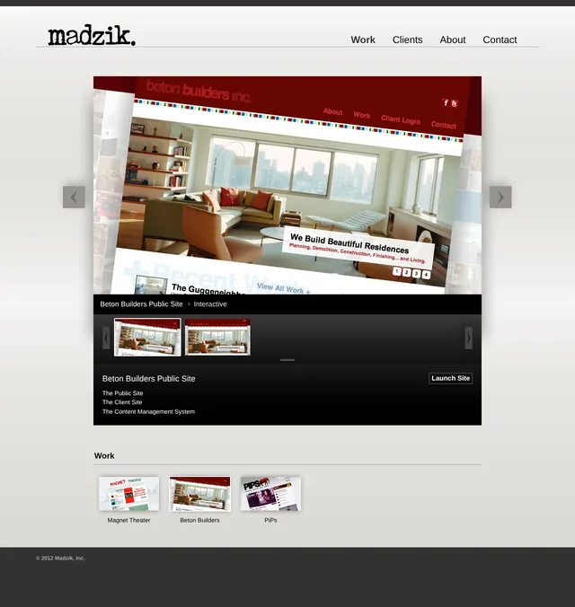 Beton Builders in the portfolio viewer: its homepage, a bright living room with a city view, tilted in perspective, and below it a list of the public site, the client site and the content management system